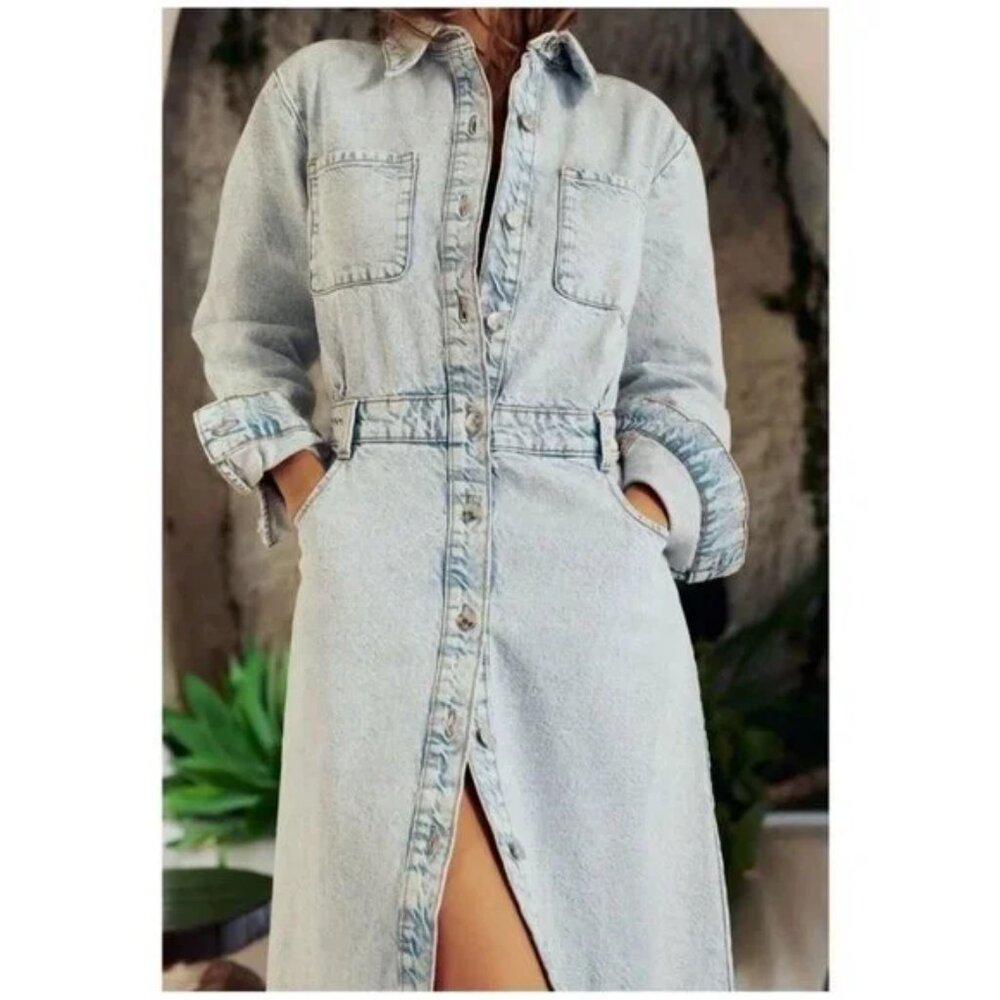 Zara Denim Midi Dress Long Sleeve Button Down Jean Dress